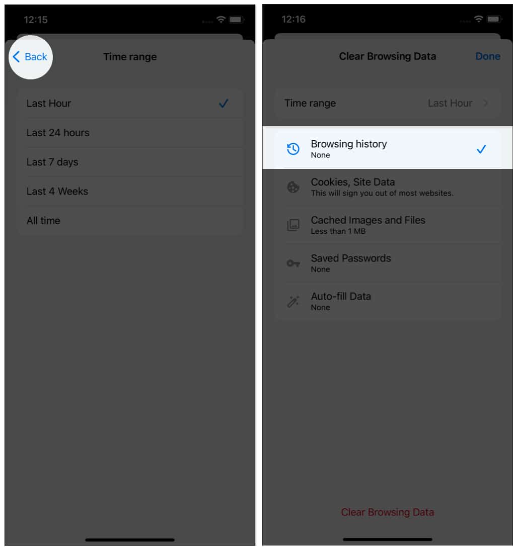 Tap on Back Browsing history in Chrome
