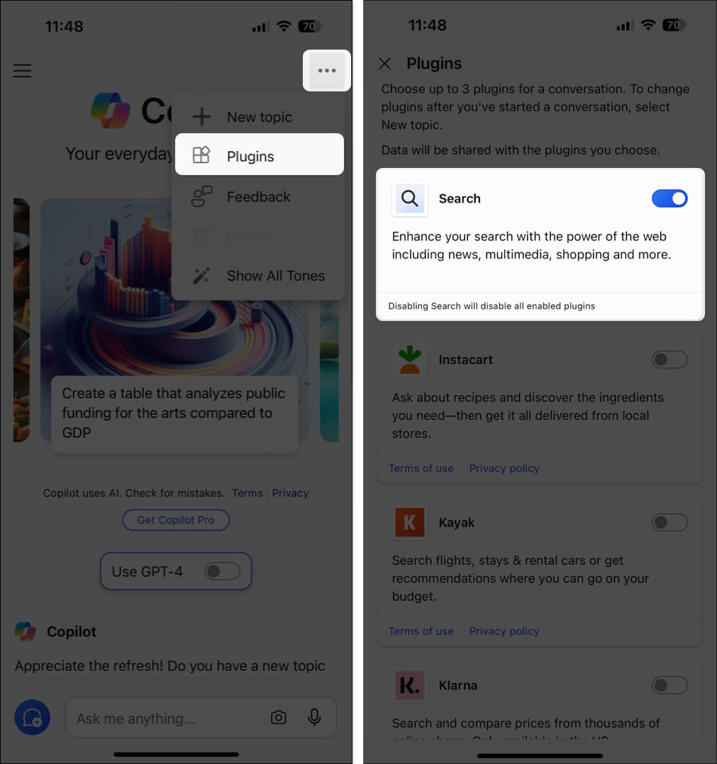 Tap three dots select Plugins and toggle on plugin you want to use