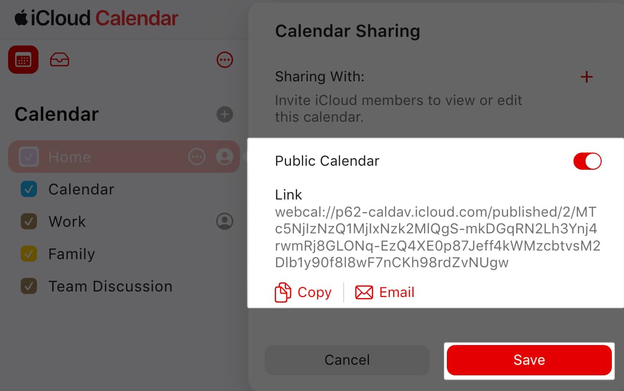 Toggle on Public Calendar copy link and tap Save