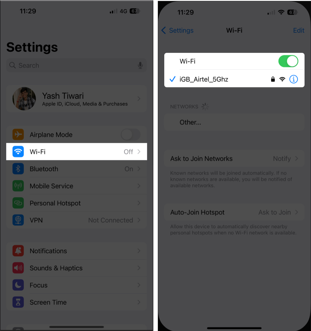 Toggle on Wi Fi and connect to a network
