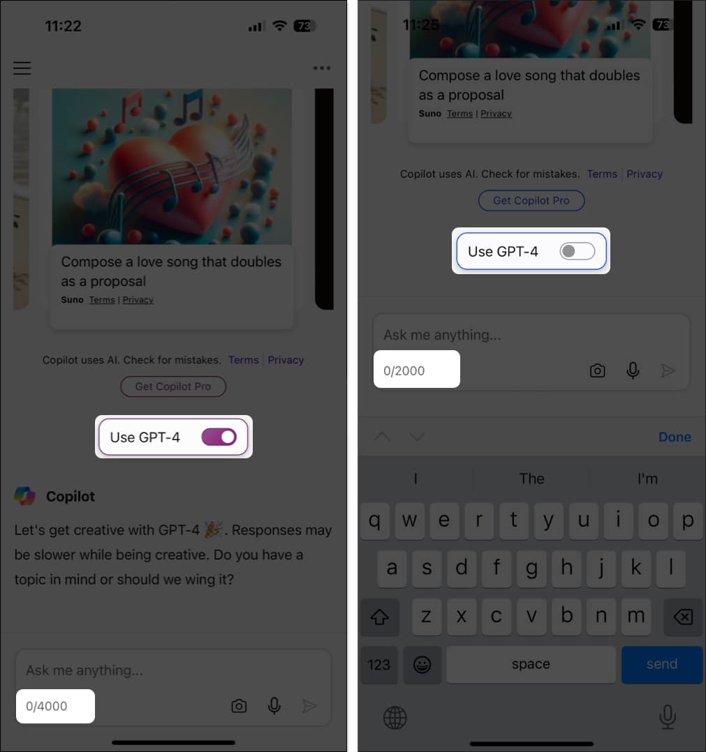 Toggle on and off use GPT 4 in copilot app on iPhone