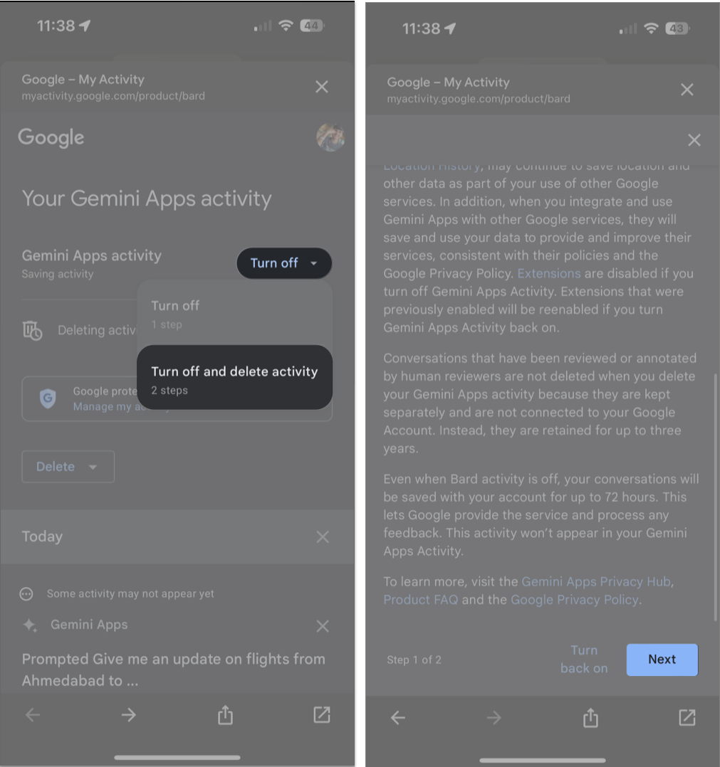 Turn off and delete activity Next