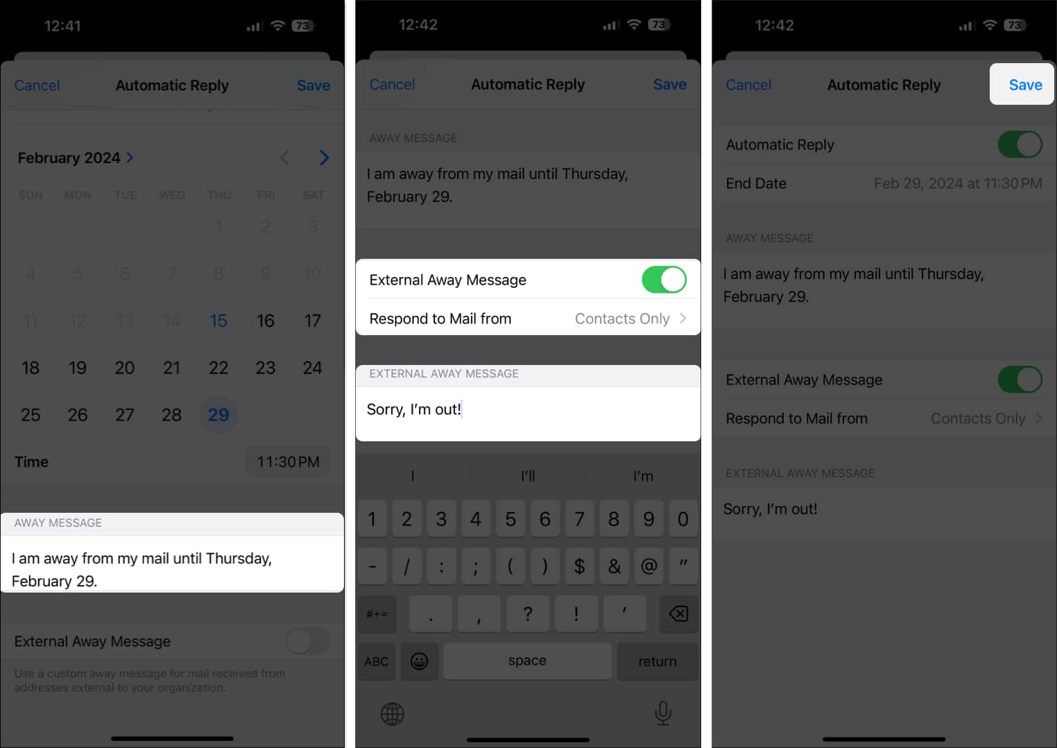 Write the Away Message then toggle on External Away Message and type the message and save