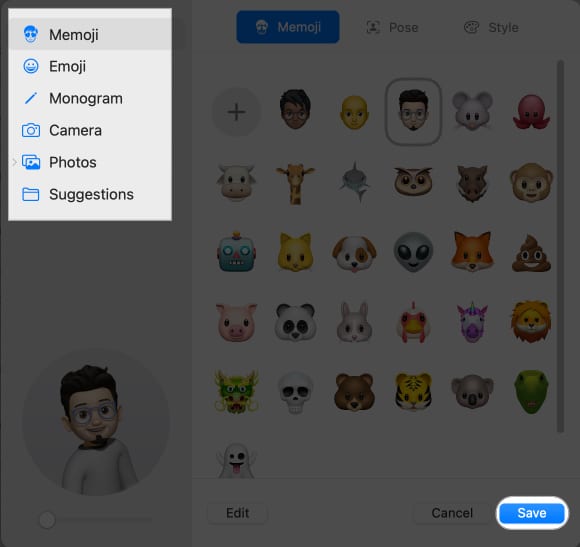 choose memoji click save in system settings
