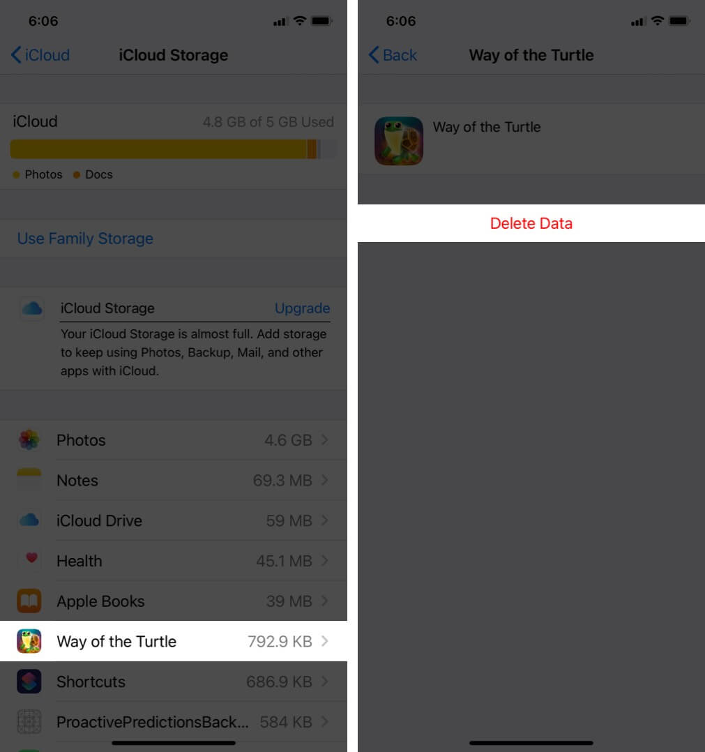 clear documents and data of specific app from icloud on iphone