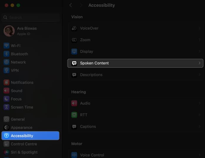 click accessibility spoken content in system settings