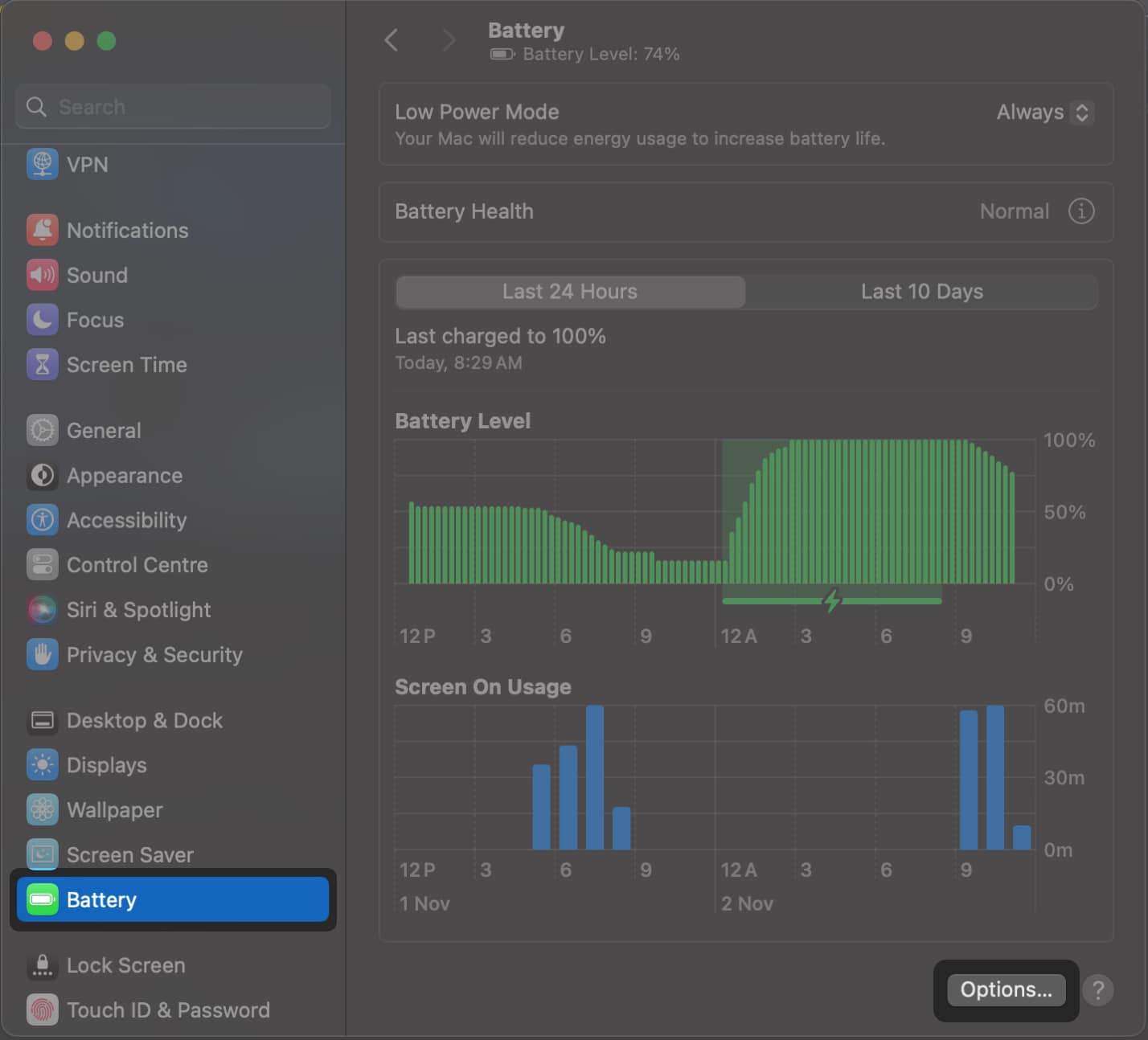 go to battery options