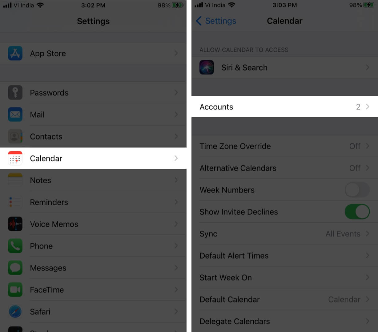 In iPhone Settings app tap on Calendar then Accounts