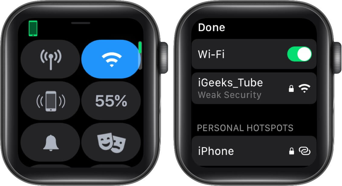 Press and Hold Wi Fi Icon and Tap on Connected Wi Fi on Apple Watch