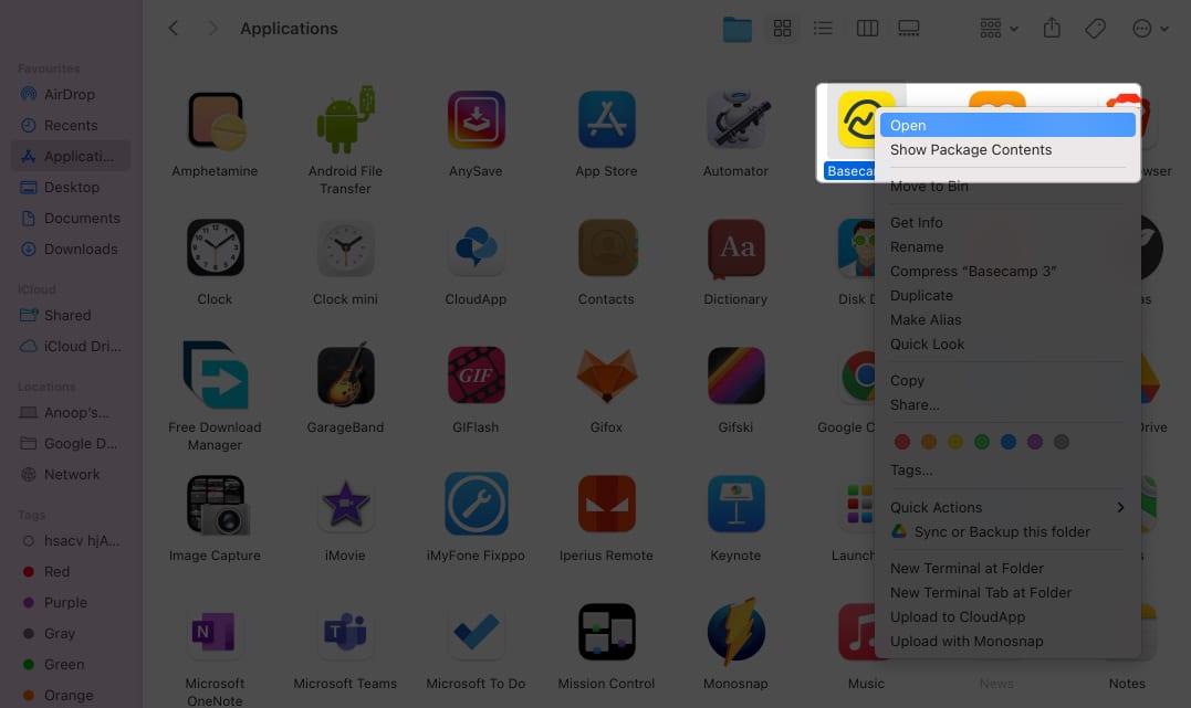 right click on app and click open in finder