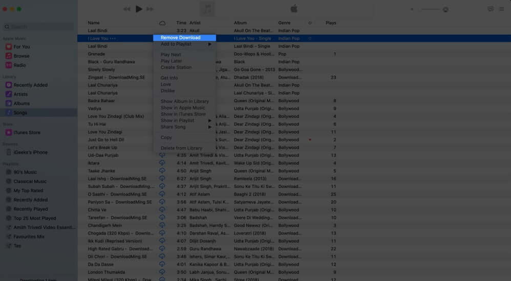 right click on song and select remove download
