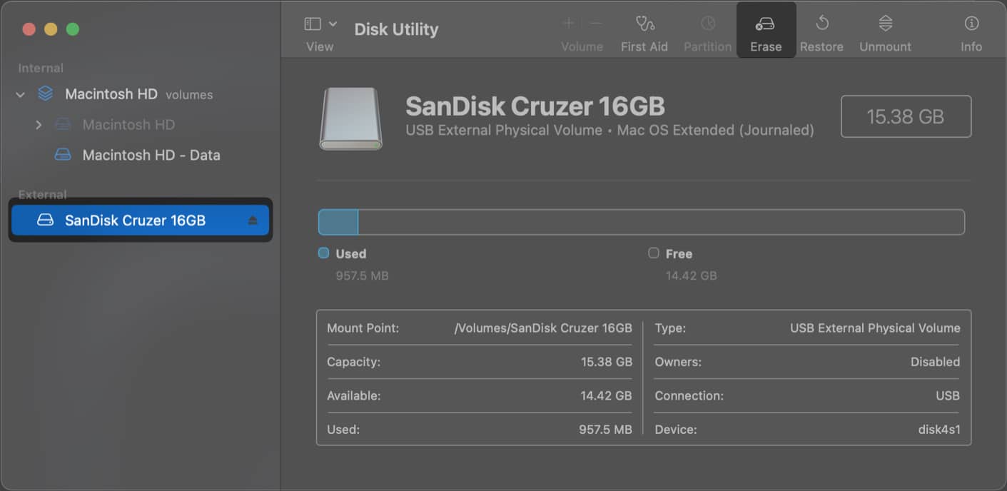 select a disk and click erase