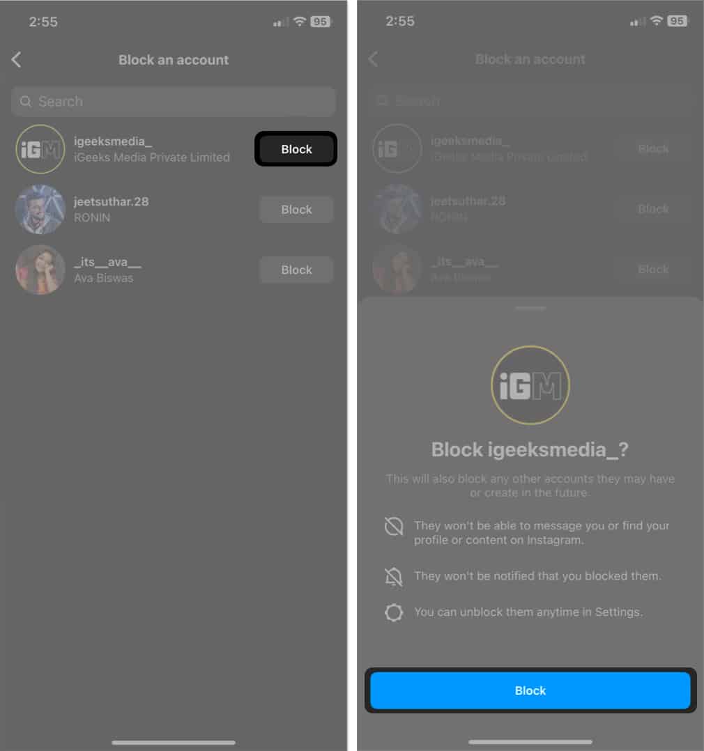 select block beside the user tap block in instagram