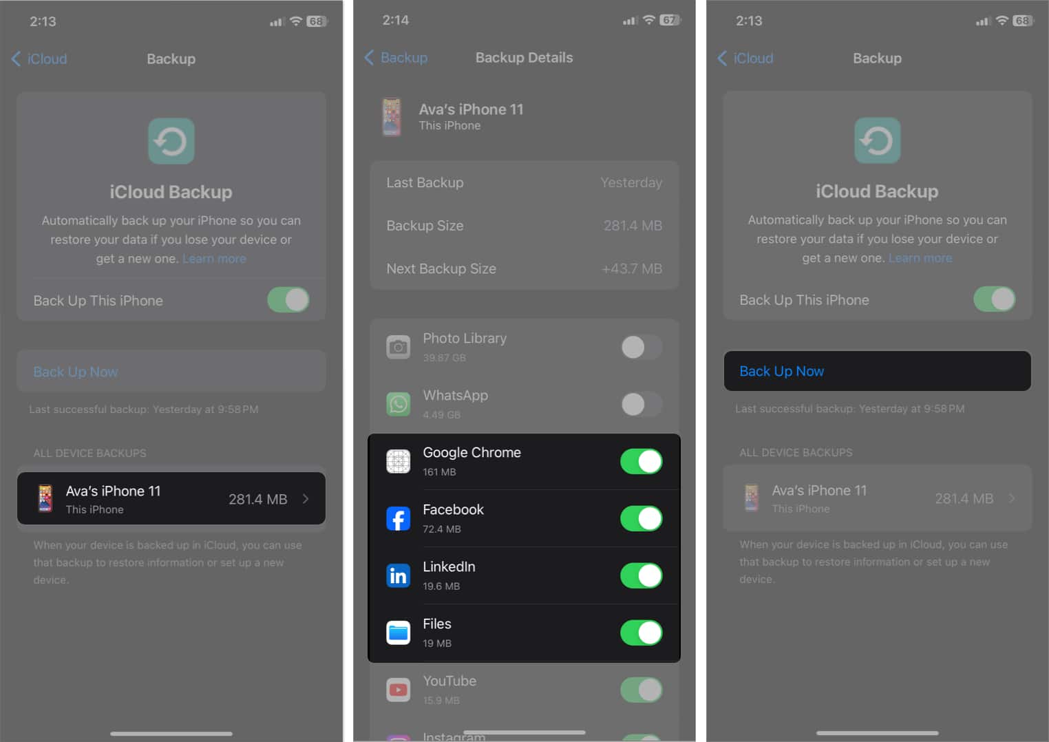 select device backup enable apps to sync in icloud tap backup now in settings