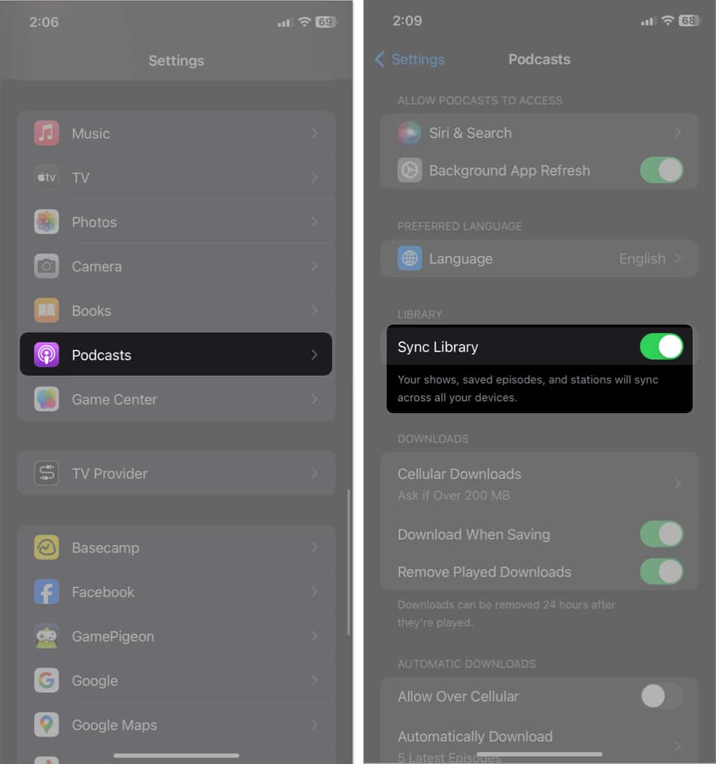 select podcast toggle on sync library in settings