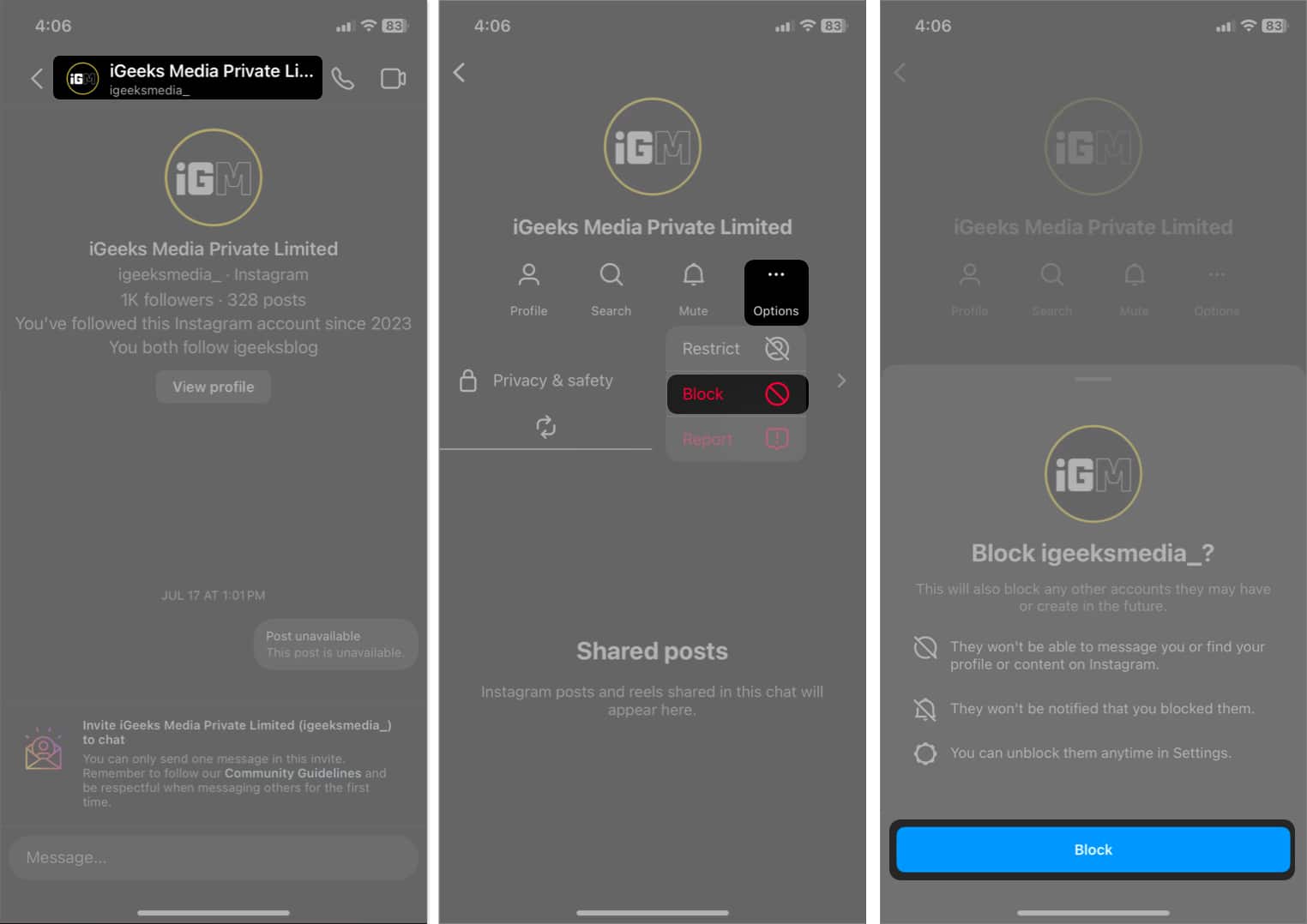 select the username tap options block select block in instagram