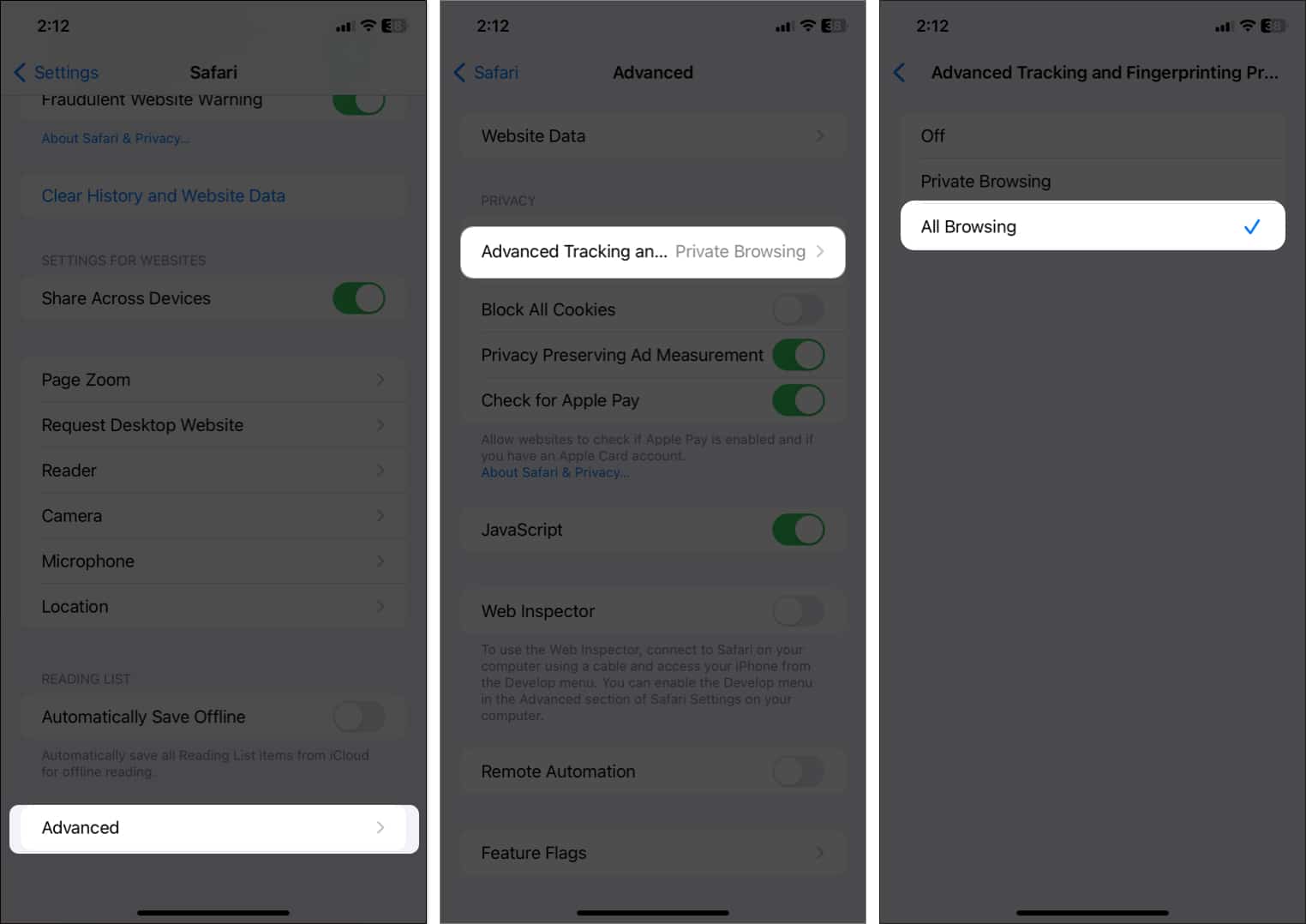 tap Advanced tap Advanced Tracking and Fingerprinting protection select All Browsing in Safari Settings