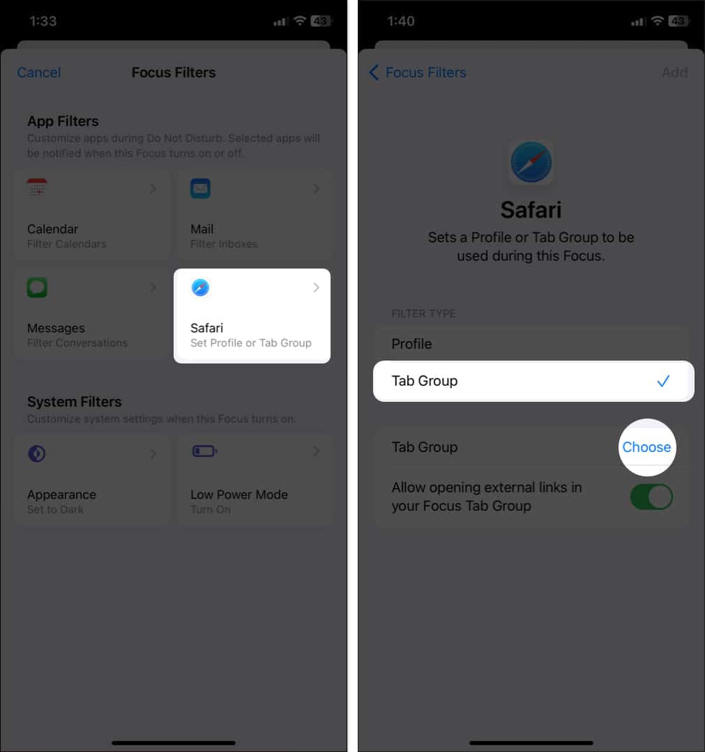 tap Safari select tab group tap Choose in Focus filter
