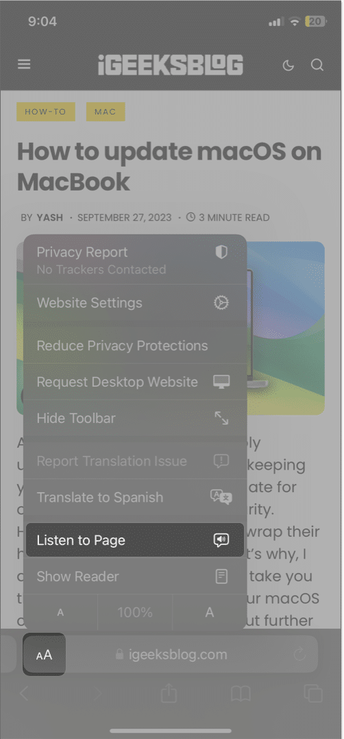 tap aa icon listen to page in safari