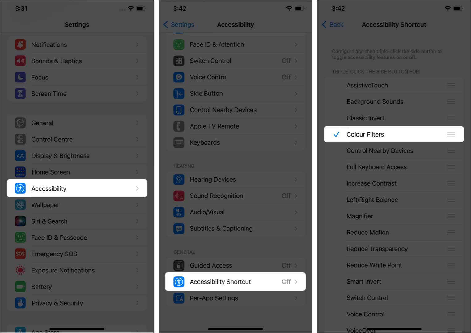 tap accessibility tap accessibility shortcut select color filters in settings