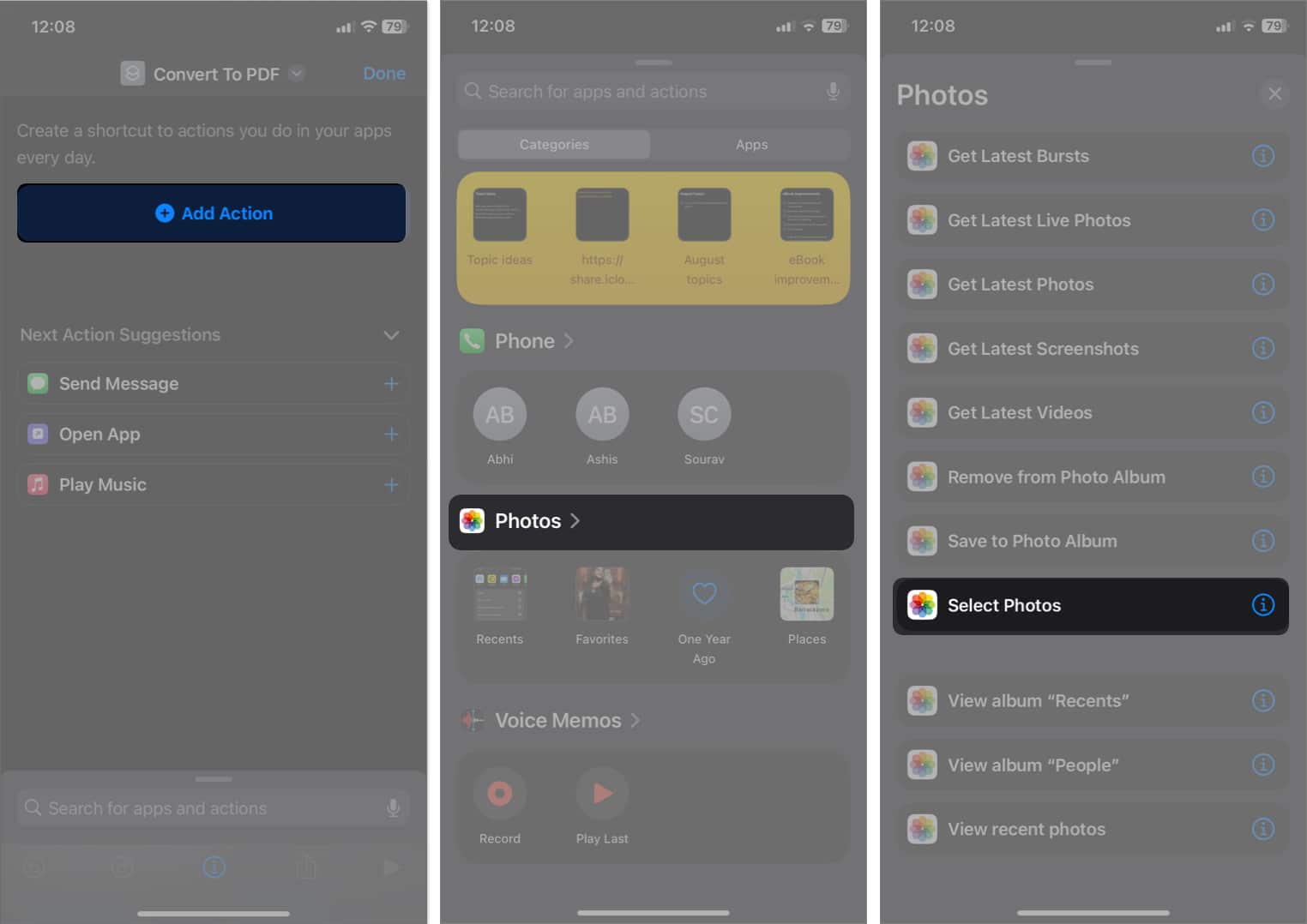 tap add action select photos tap select photos in shortcuts