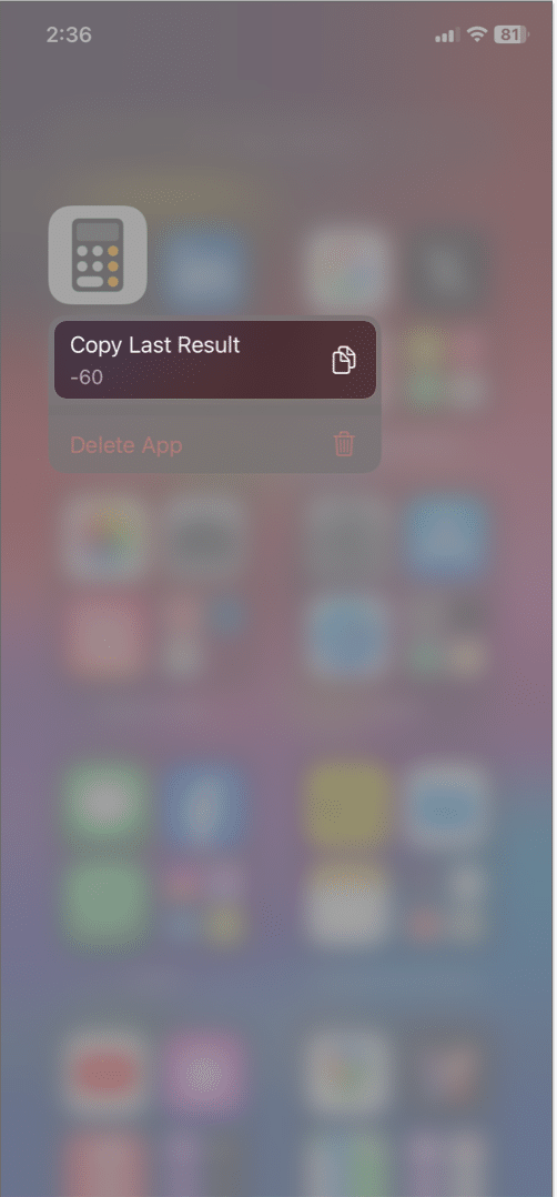 tap and hold the calculator app icon select copy last result on iphone