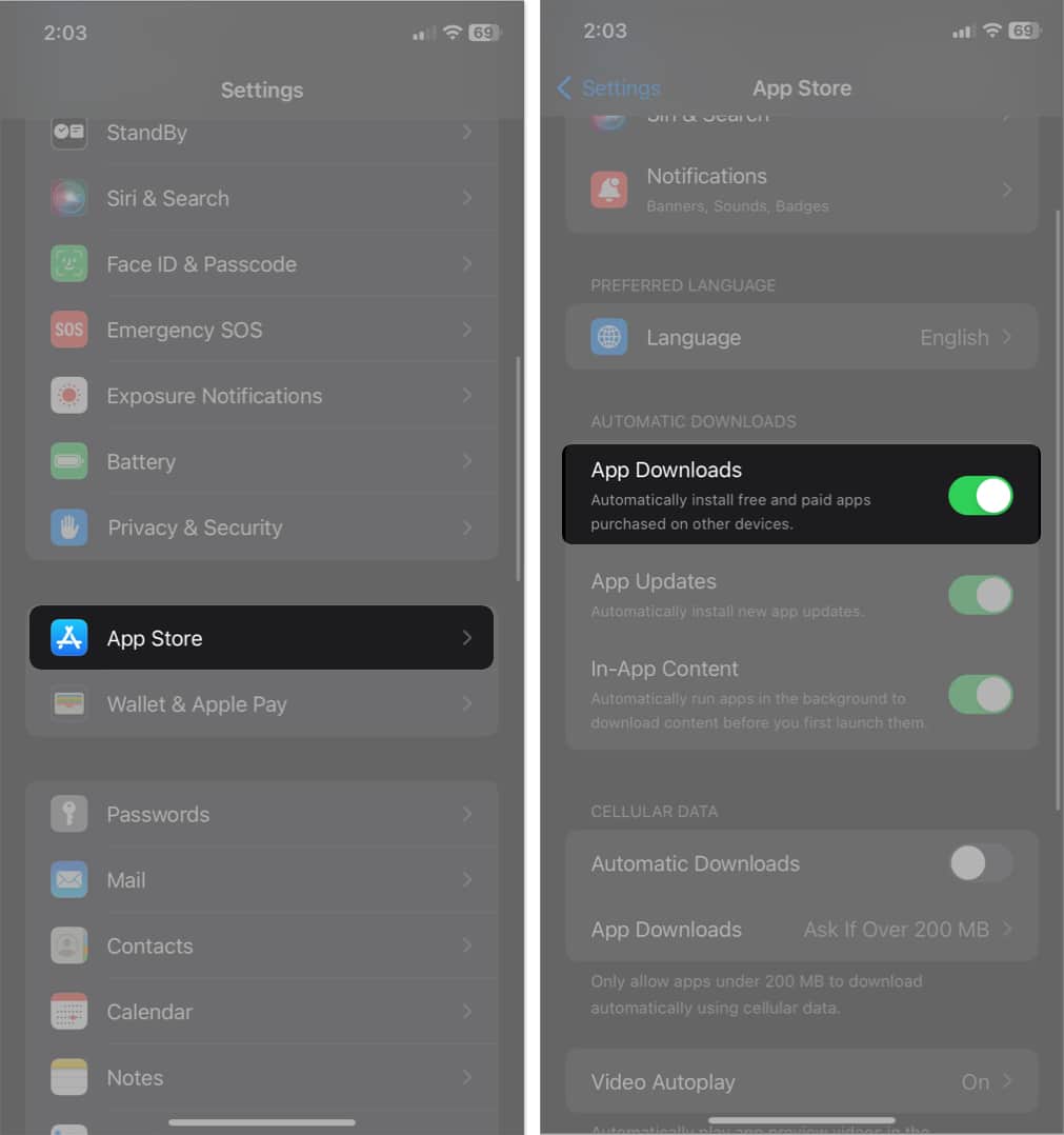 tap app store toggle on app downlaods in settings