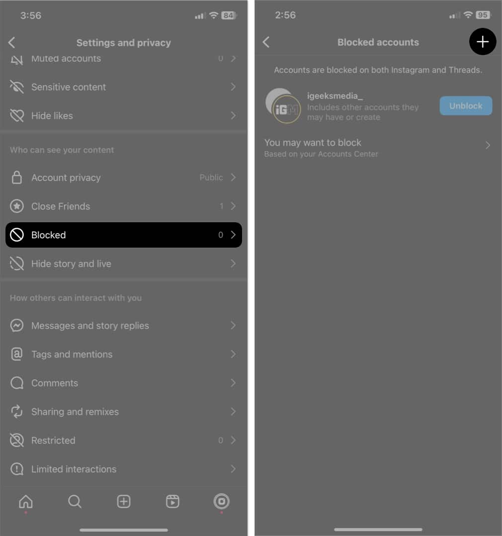 tap blocked plus sign in instagram
