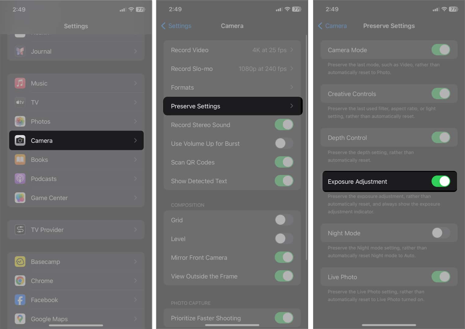 tap camera preserve settings toggle on exposure adjustment in settings
