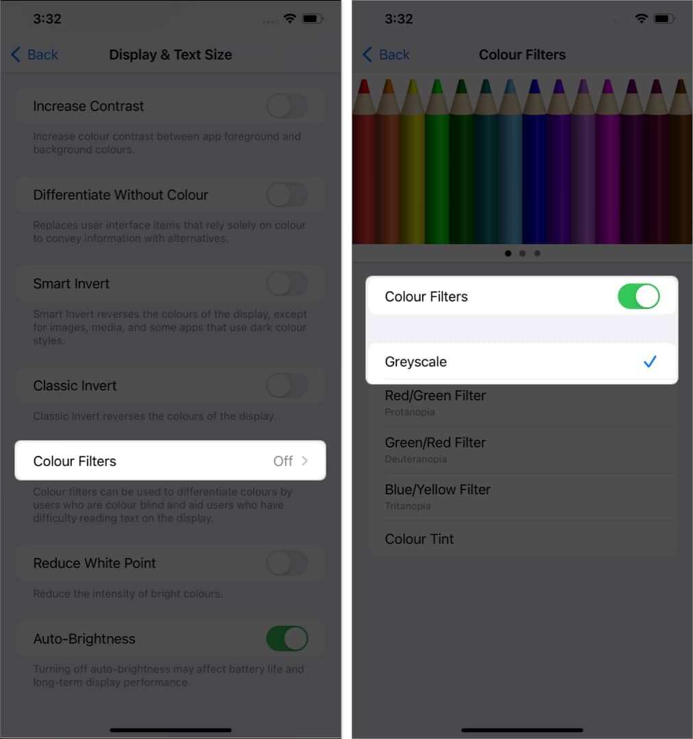 tap color filters toggle on color filters select grayscale in settings