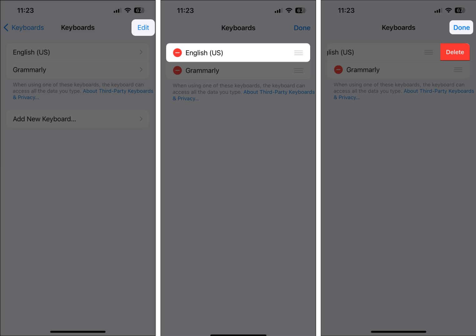 tap edit and remove a keyboard