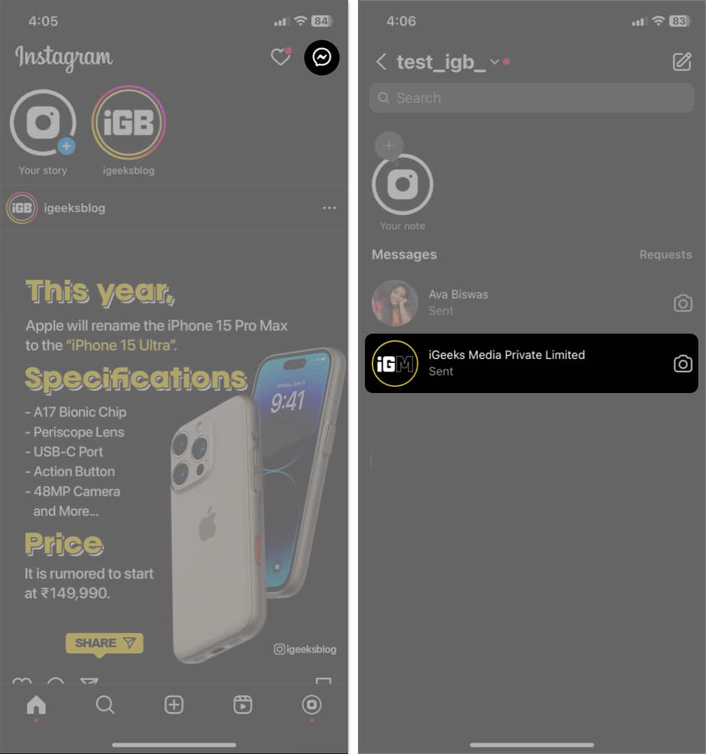 tap messenger icon select the user in instagram