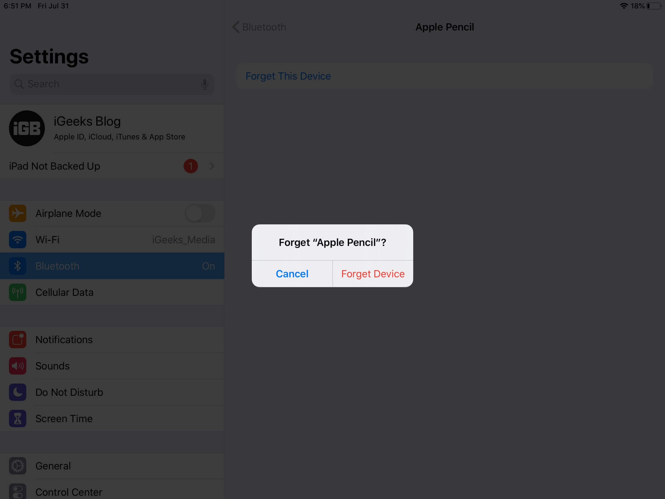 tap on forget device to disconnect apple pencil on ipad