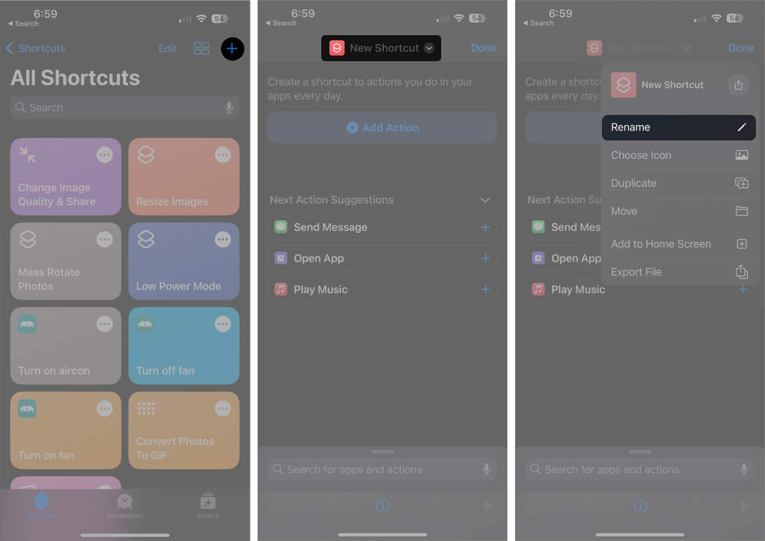 tap plus sign select new shortcut tap rename in shortcuts