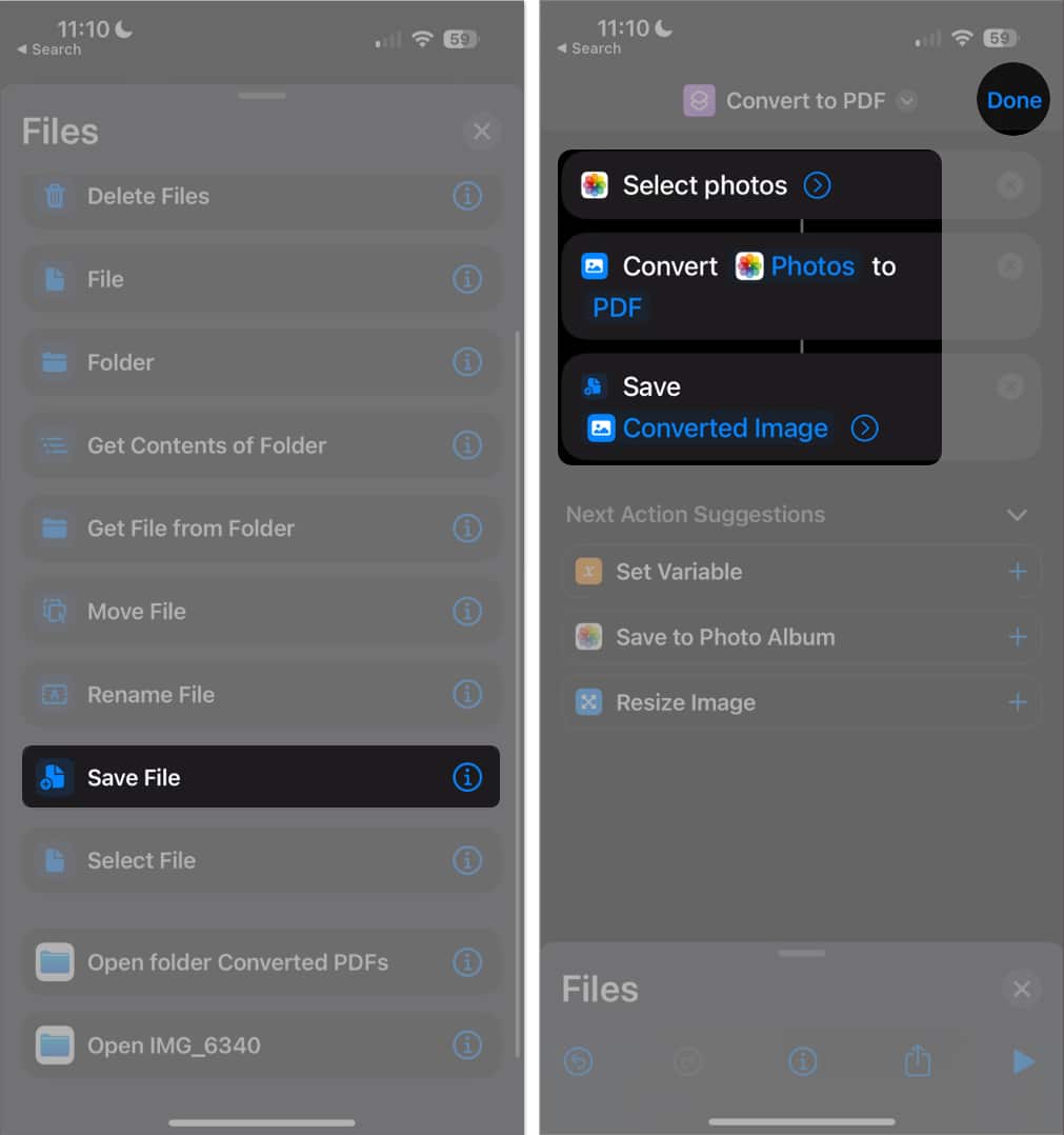 tap save file select done in shortcuts