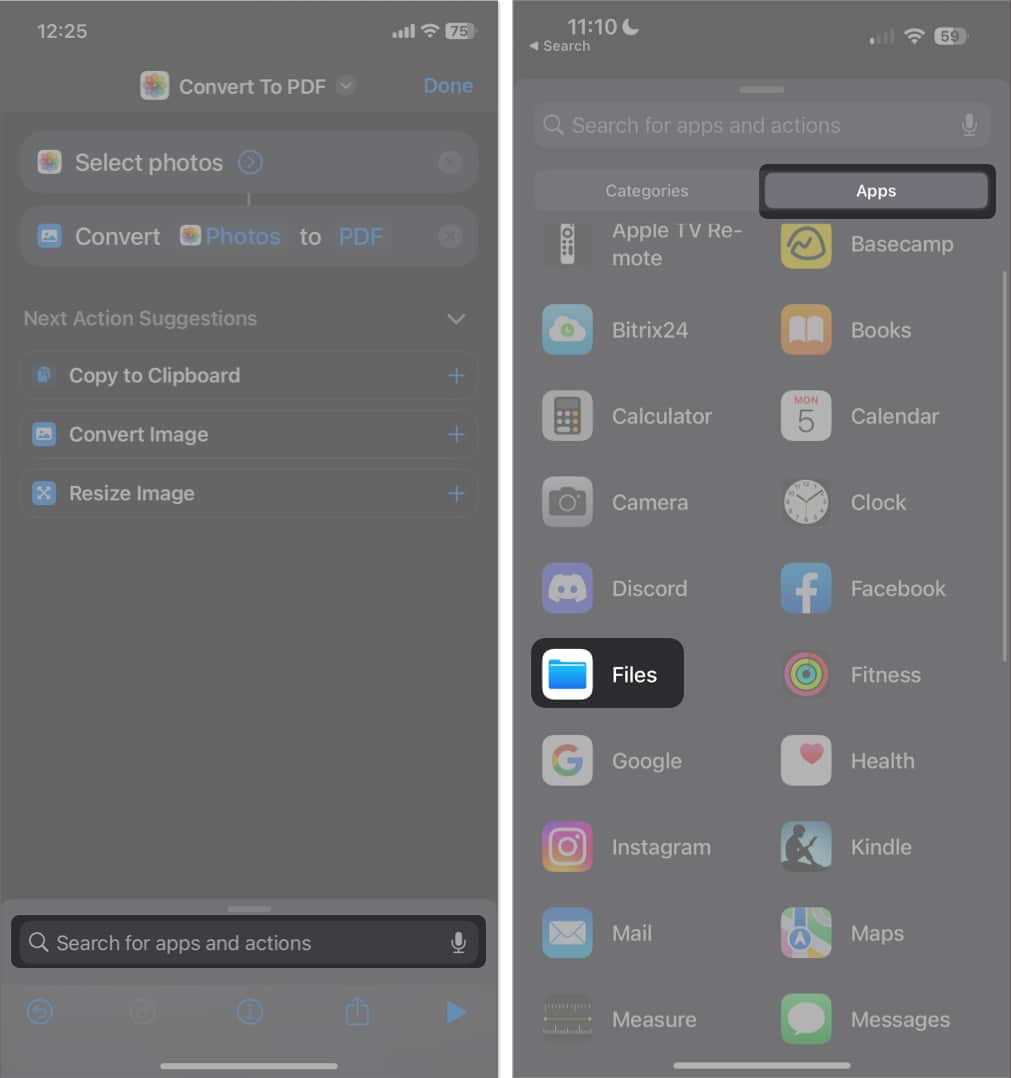tap search bar select apps choose Files in shortcuts