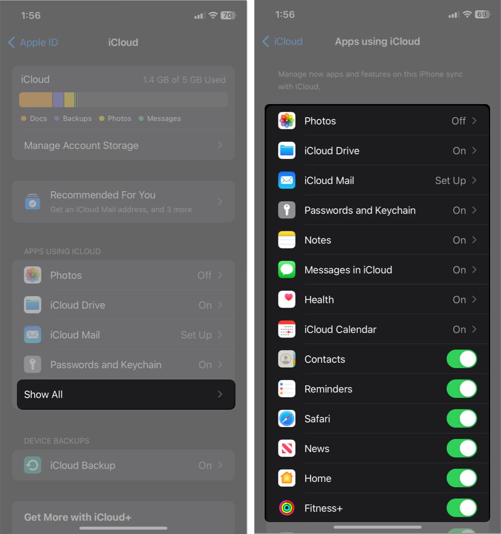 tap show all turn on all in icloud settings