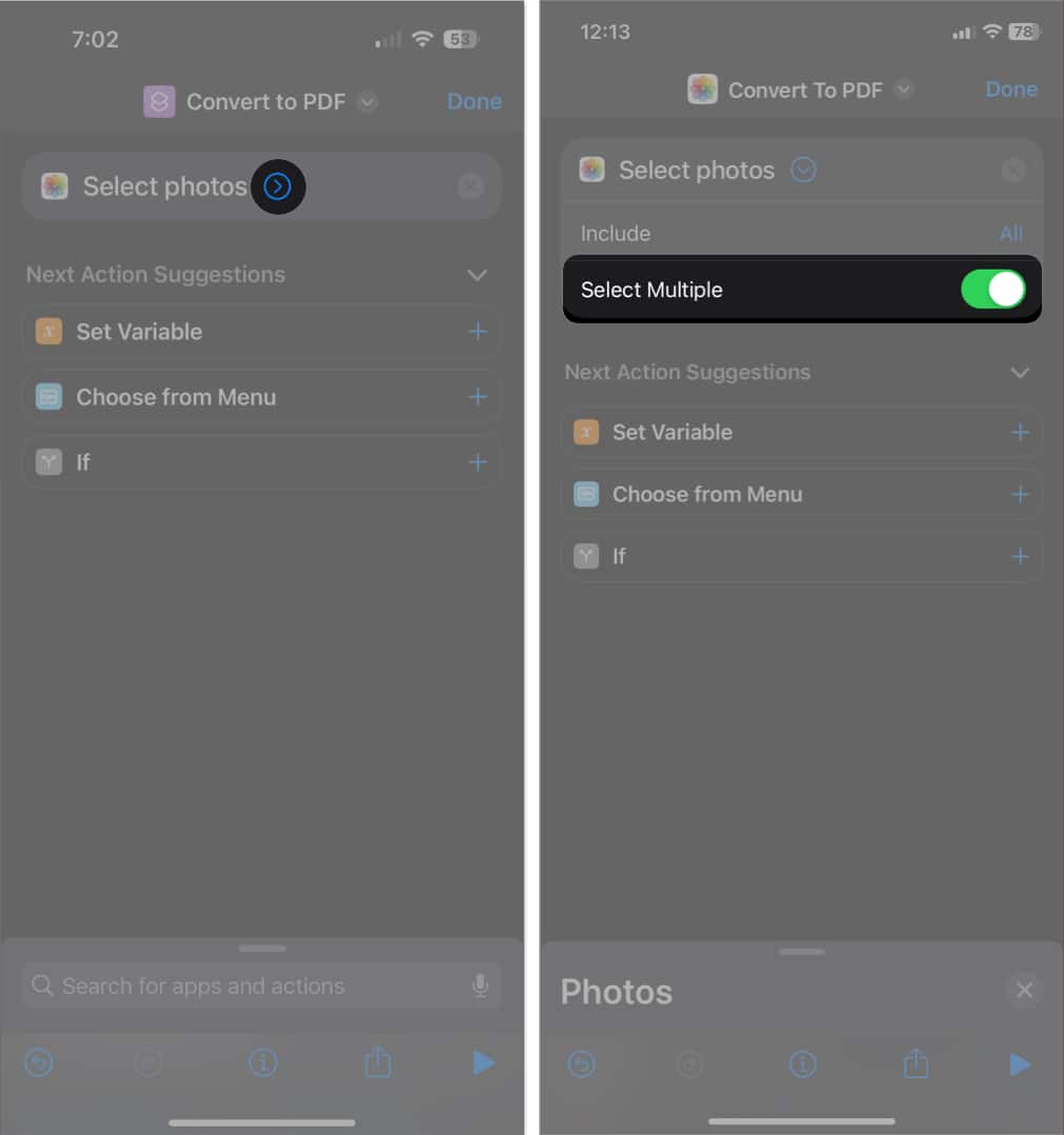 tap the right arrow toggle on select multiple in shortcuts