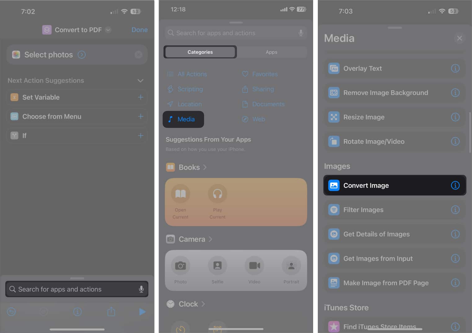 tap the search bar select categories media tap convert image in shortcuts