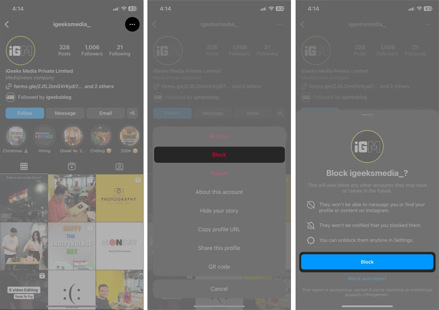 tap three dots icon select block tap block in instagram