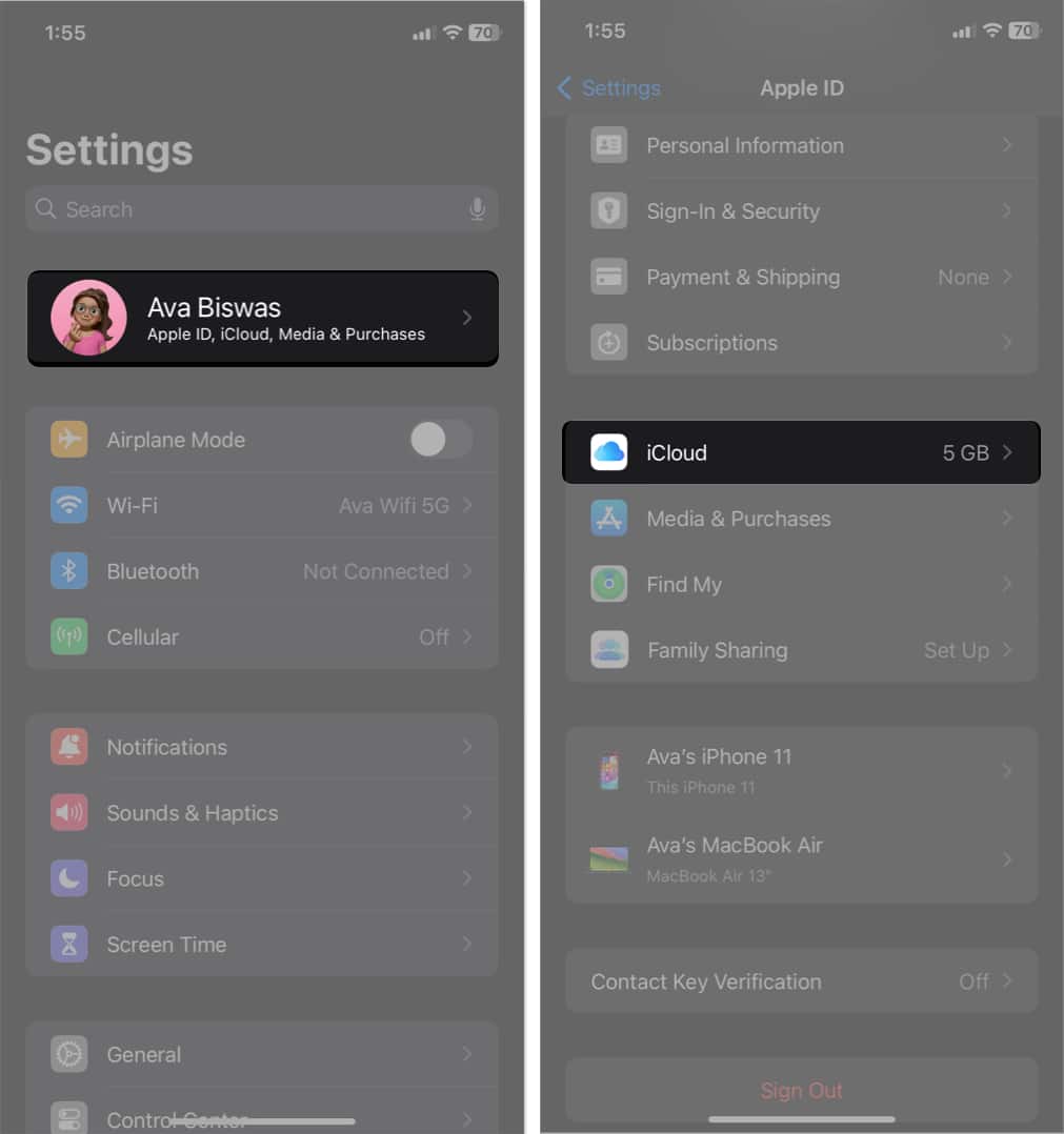 tap your name select icloud in settings