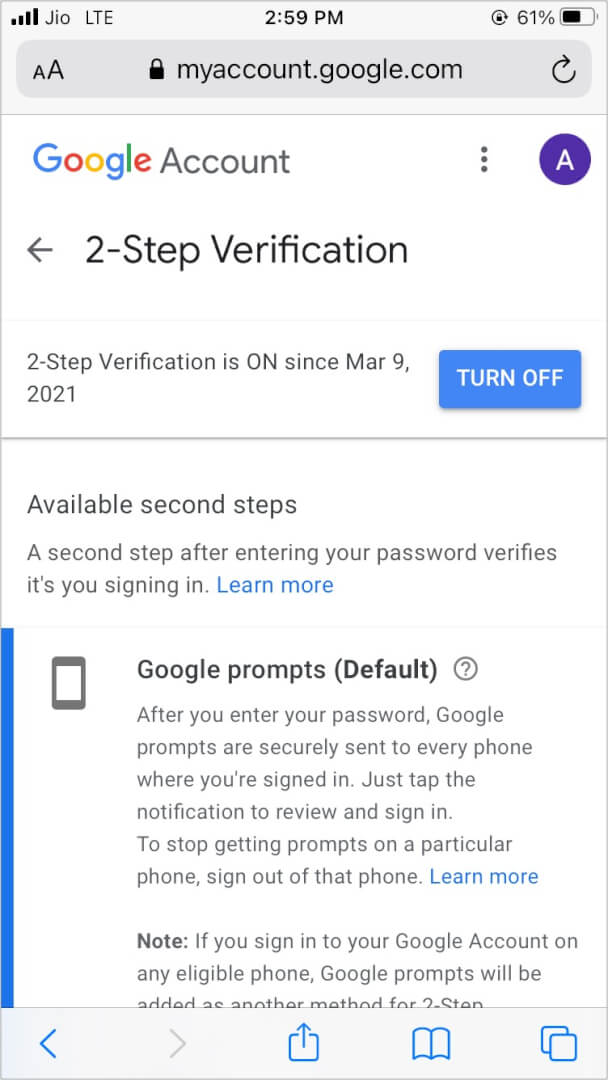 Turn off Google 2 Step Verification