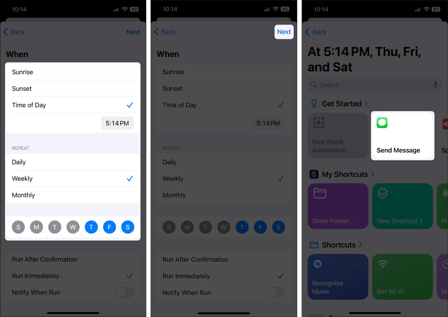 Adjust the Time and Repeat parameters hit Next and select the Send Message