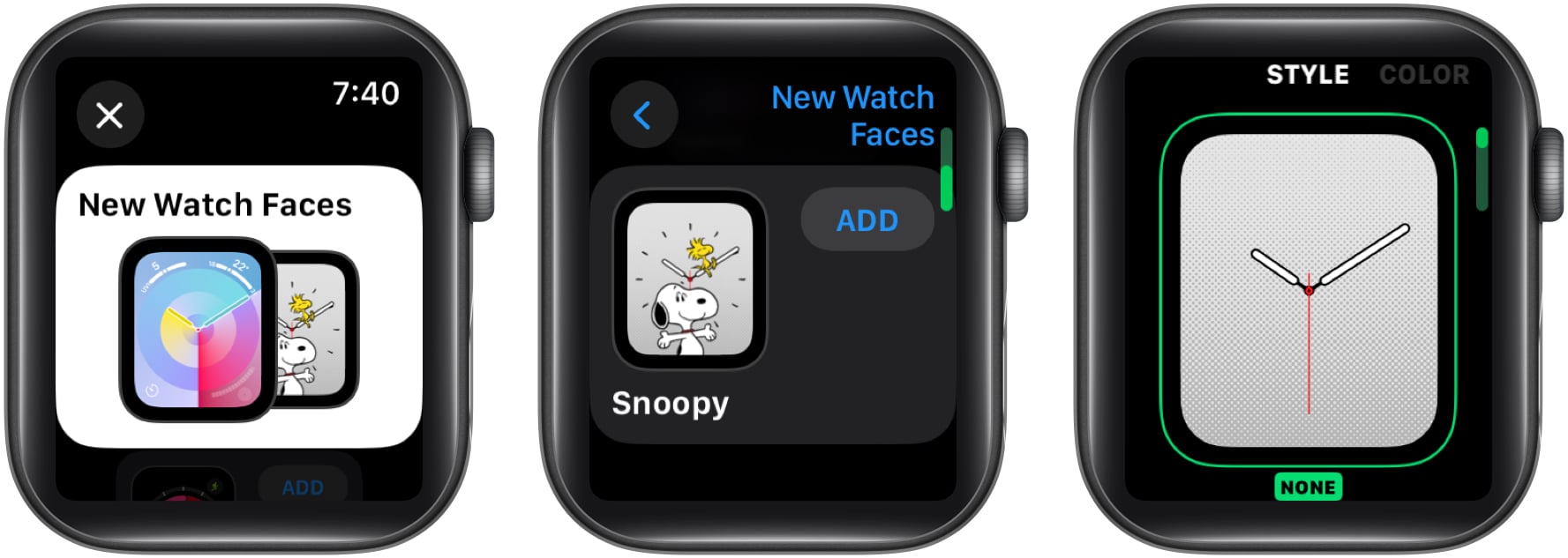 Choose New Watch Faces scroll down and tap Add next to the Snoopy face and customize the colors and style by swiping left and rotating the Digital Crown