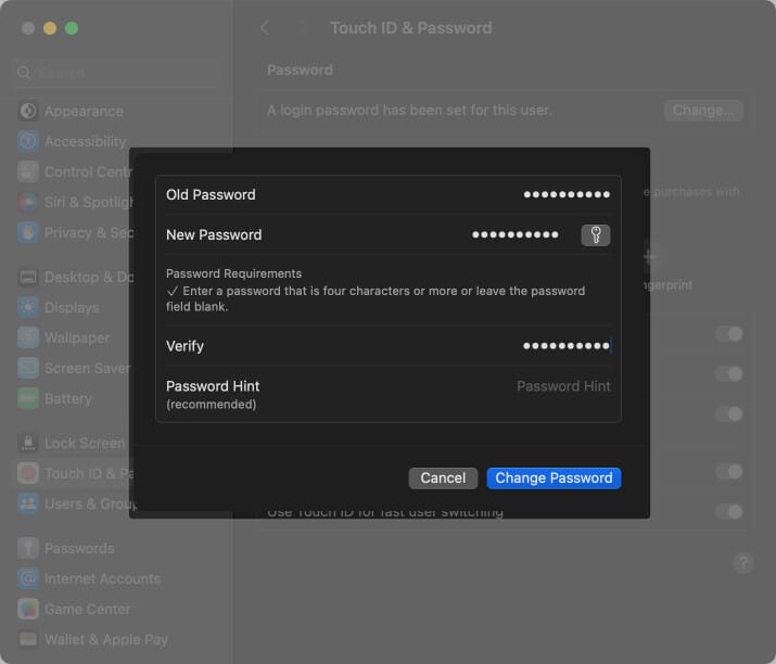 Enter new and old password verify the new login password and click change password on your Mac