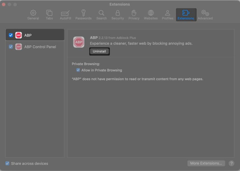 Go to Extensions tab de select the box next to the extension and tap Uninstall