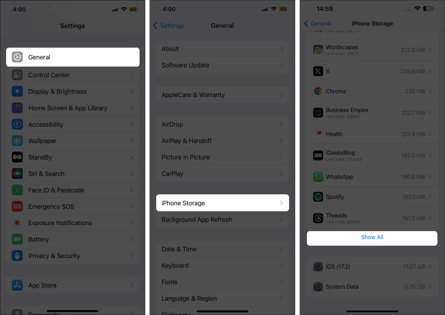 Go to General iPhone Storage and tap Show All