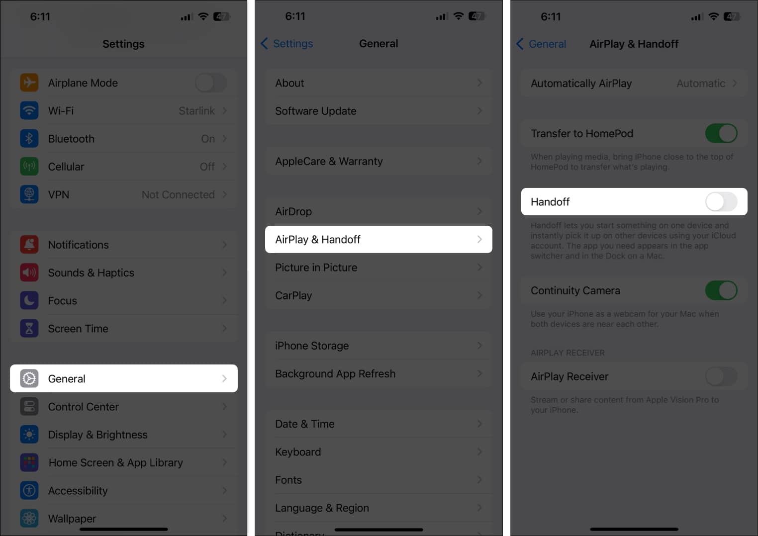 Go to General select AirPlay and Handoff and toggle on Handoff on your iPhone
