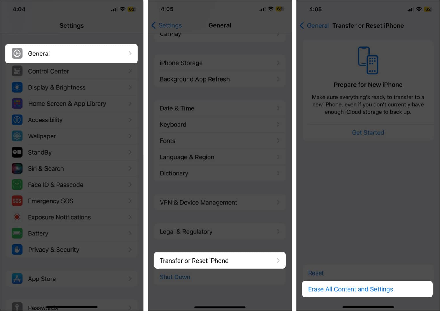 Go to General tap Transfer or Reset iPhone and select Erase All Contents and Settings