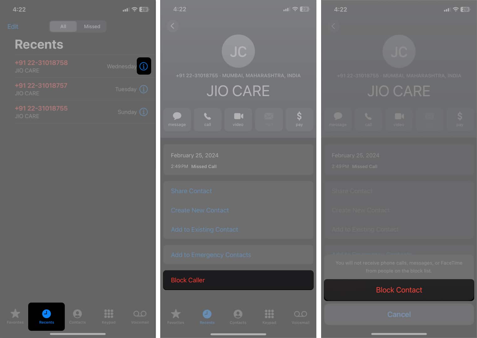 Go to Recents tab select Block Caller and tap Block Contact